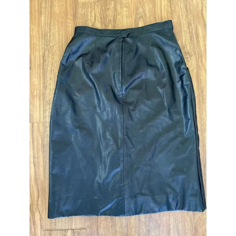 Beged -Or Israel‎ Vintage Black Midi Pleat Leather Pencil Skirt 14 More Like 6